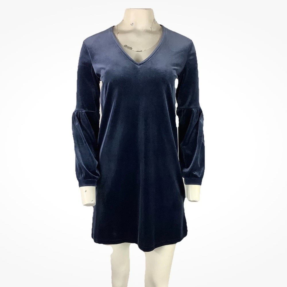 Madewell Sz XXS Velvet Balloon Sleeve Holiday Look Pullover Dress Blue V Neck